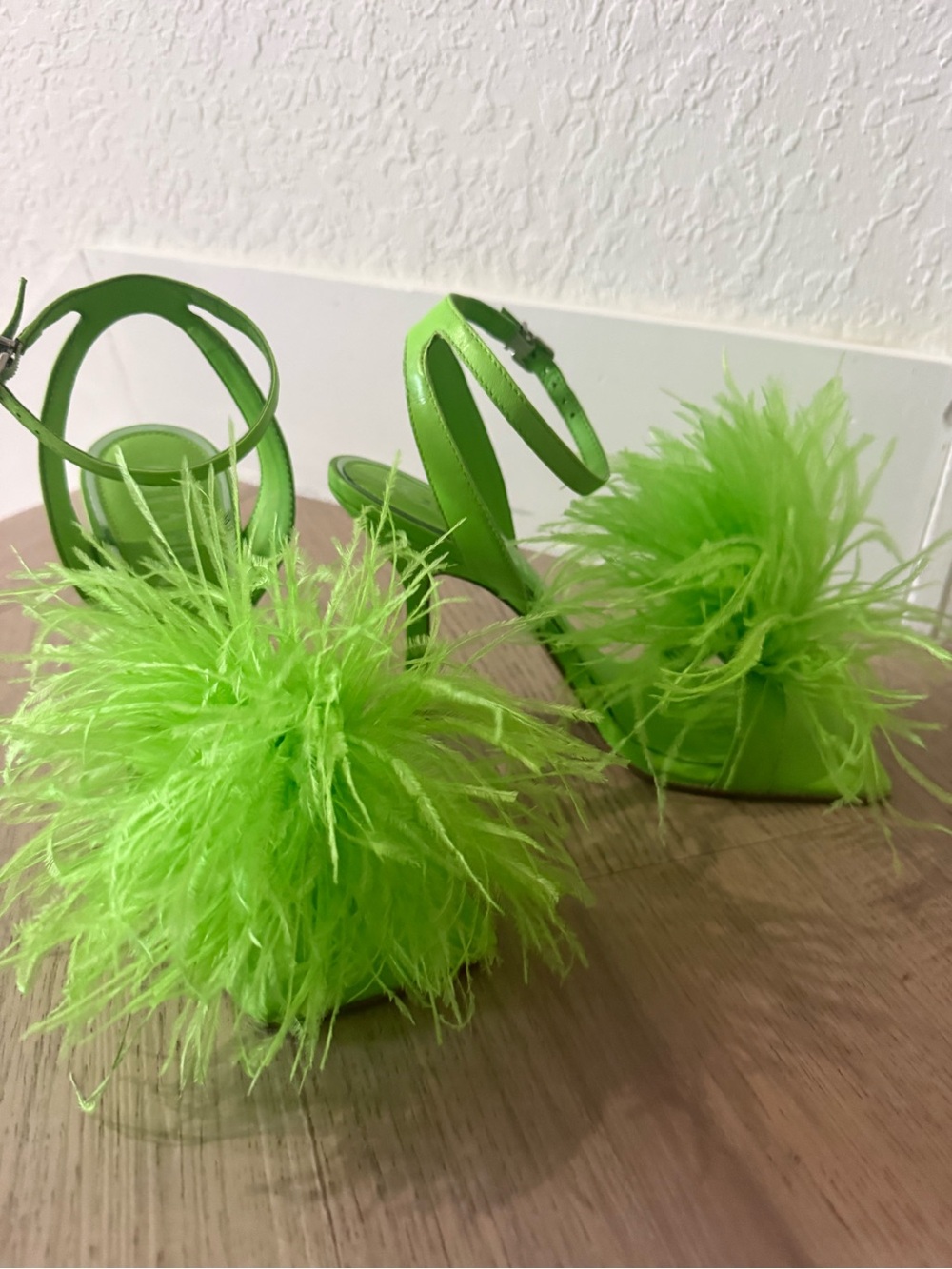 Gianni Bini Neon Green Feather Pom Ankle-Strap Heels